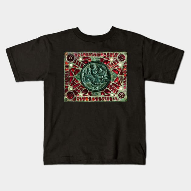 NEREID AND CHERUB RIDING A SEA DRAGON WITH RED GREEN MOTHER OF PEARLS Kids T-Shirt by BulganLumini